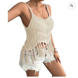 Boho fringe yarn tank top cream New extra large